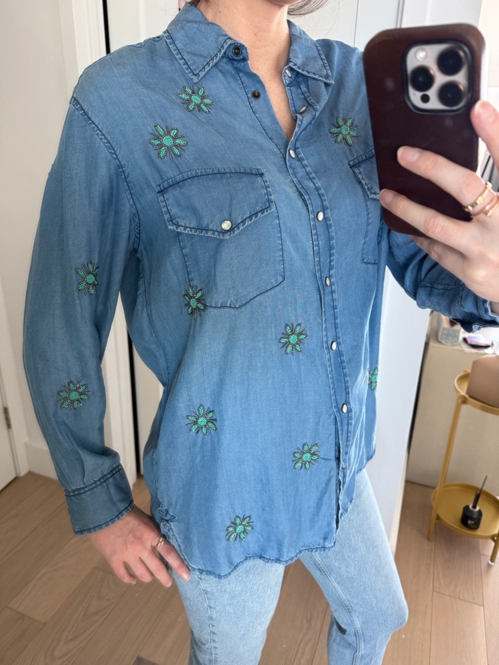 The Kooples Teal Embroidered chambray denim shirt size small oversized